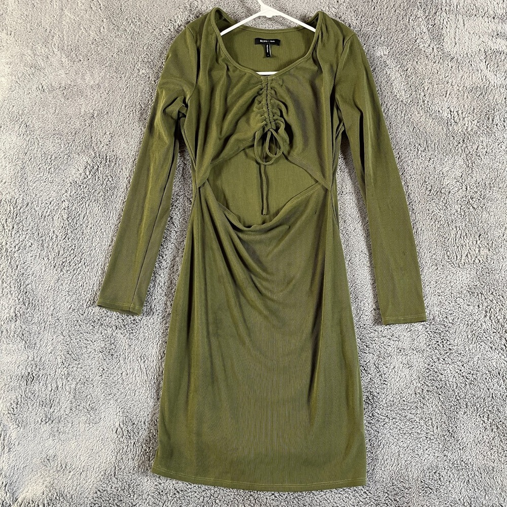 BCBG Ribbed Knit Dress Womens Large Olive Green Cutout Cinch Front Long Sleeve